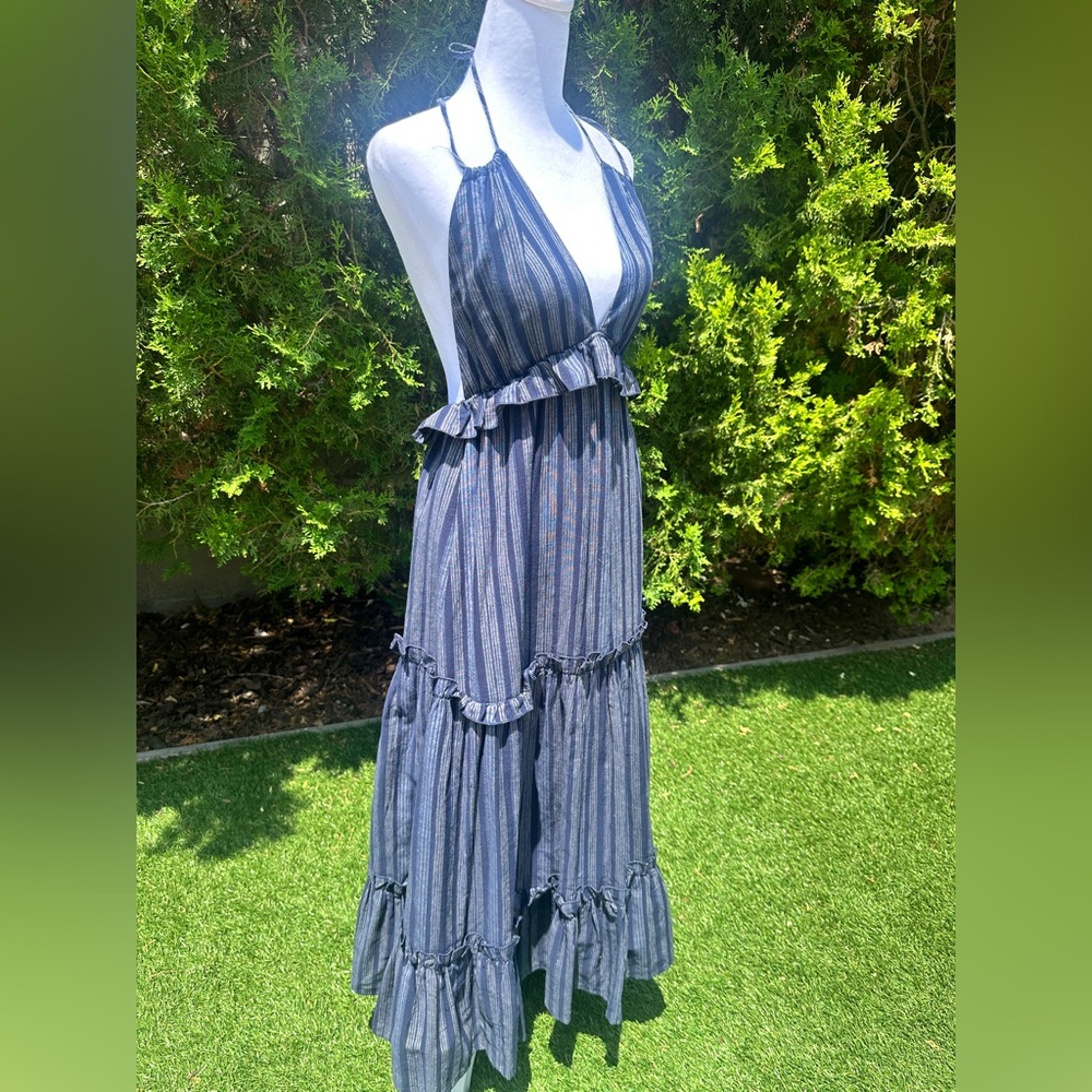 Lulu's Vacay Babe Navy Blue Striped Ruffled Tiered Halter Maxi Dress NWOT - Picture 2 of 6